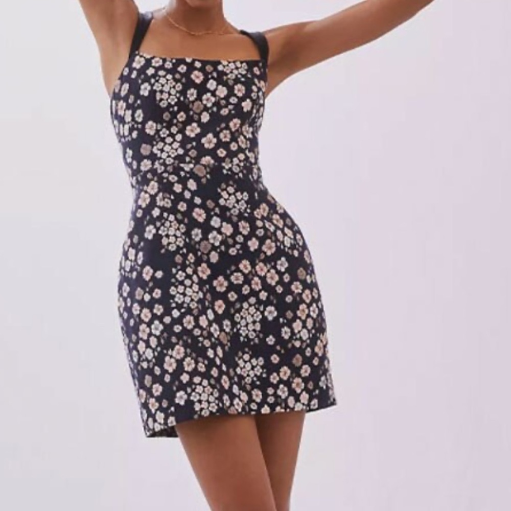 Anthropologie Maeve Navy Jacquard floral Mini Dress size 6 lined